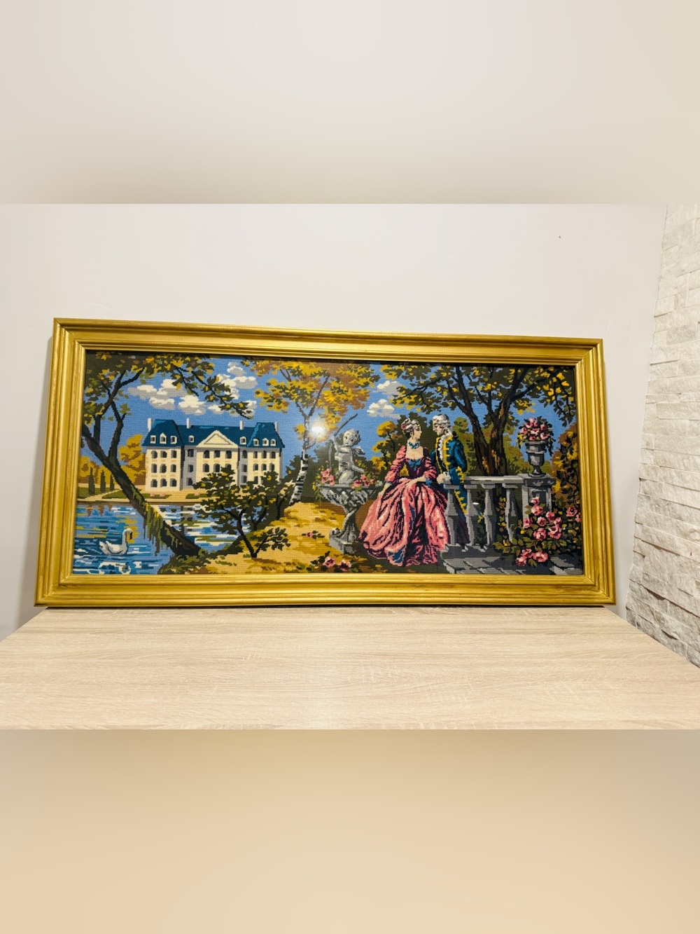 Vintage Large Framed Needlepoint Tapestry French Country Rococo Courting Couple